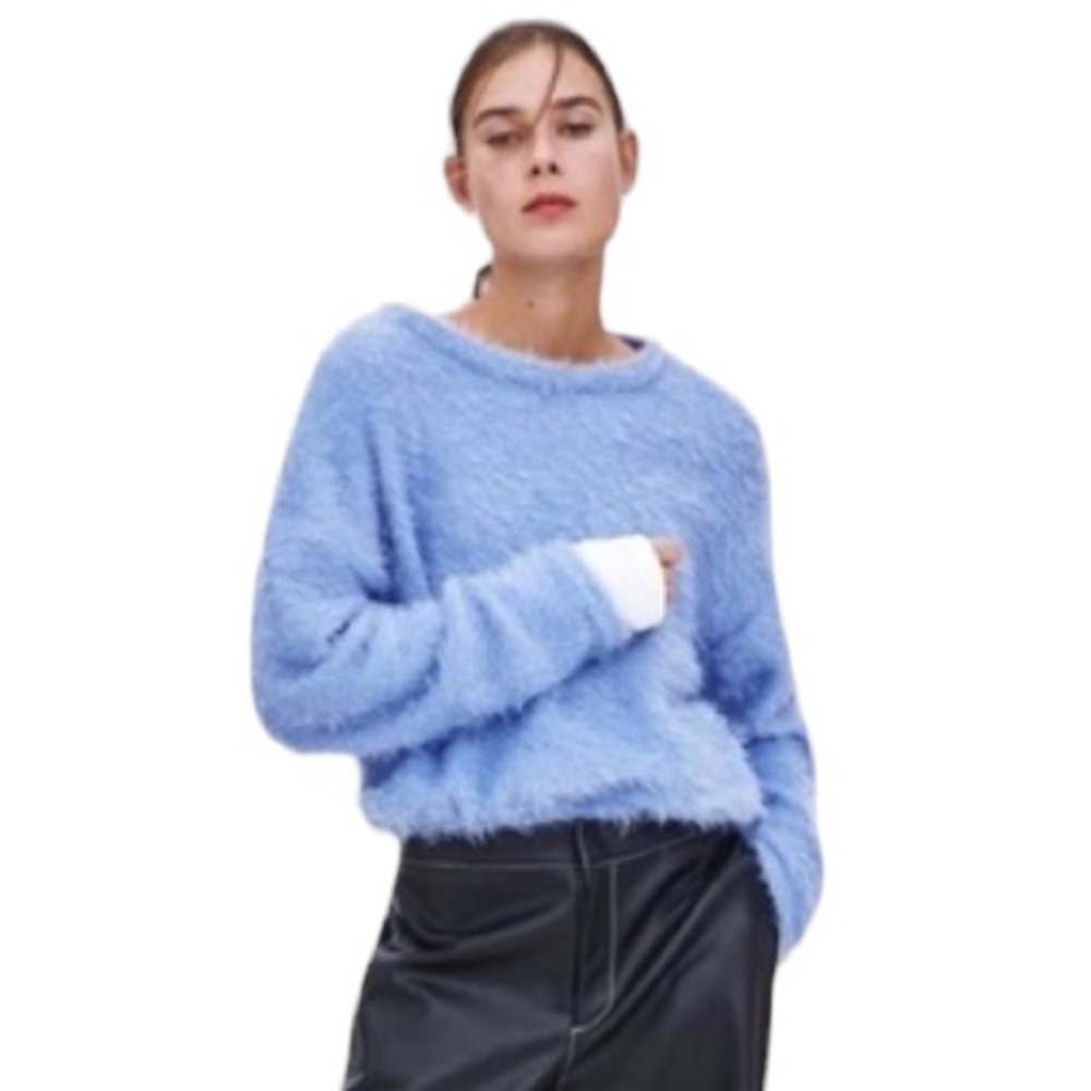 Zara Light Blue Fuzzy Crewneck Sweater